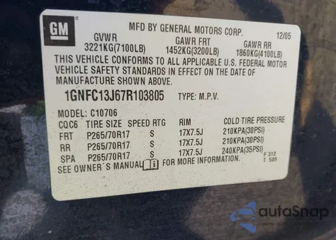 2007 Chevrolet Tahoe Lt from USA, damaged, VIN 1GNFC13J67R103805